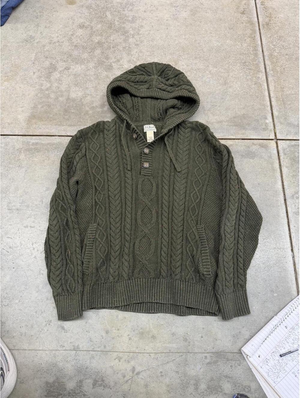 vintage l.l. bean olive heritage cotton fisherman henley knit sweater hoodie